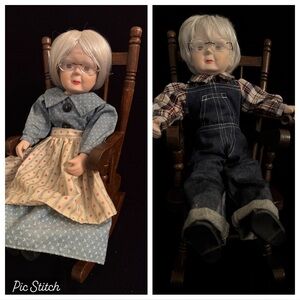 Vintage Porcelain Grandma And Grandpa 2 Dolls + Rocking Chairs Glasses